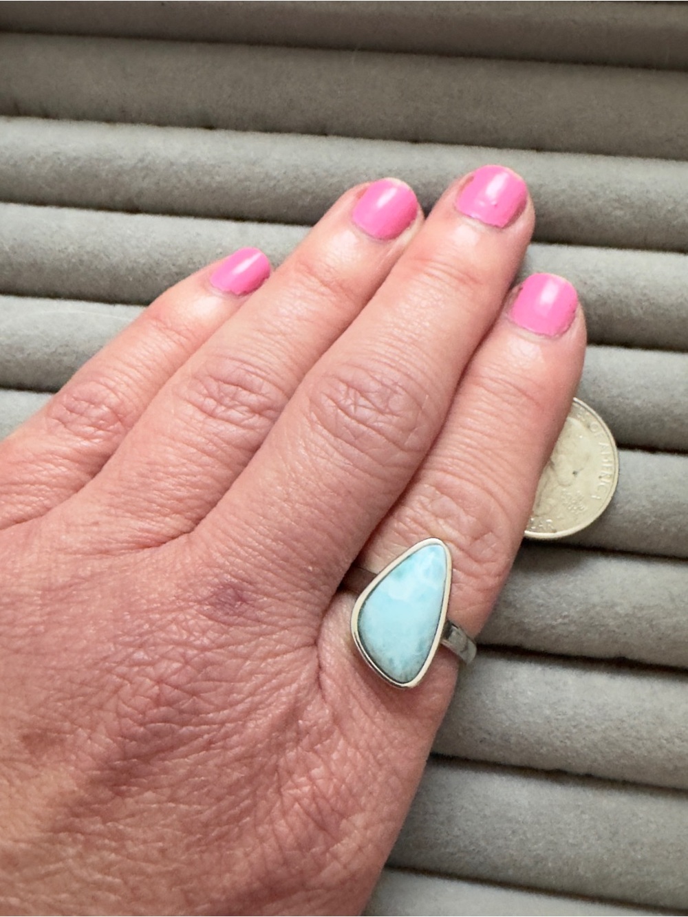 925 Sterling marked Silver Larimar Teardrop Ring - Light Blue Stone